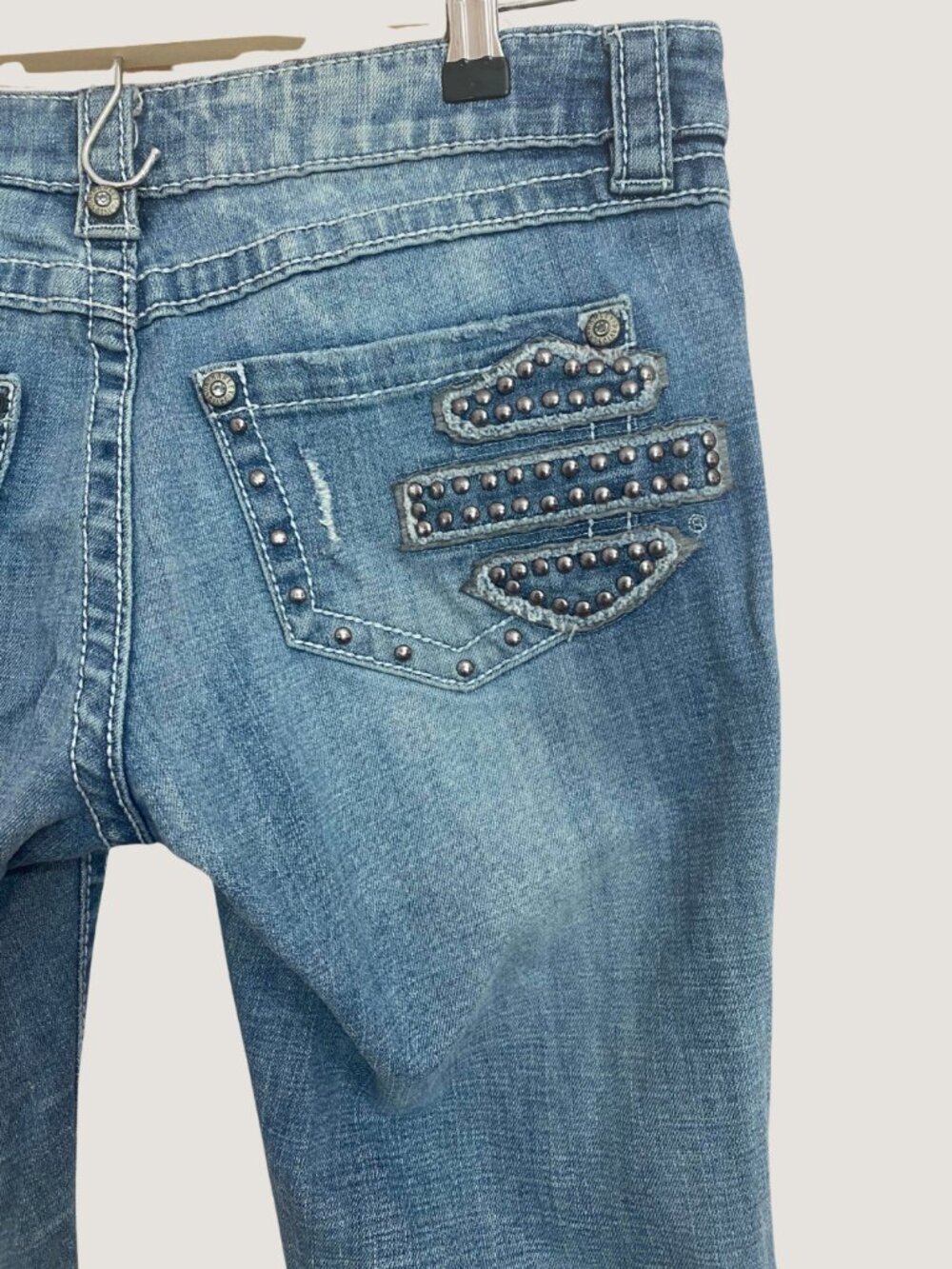 Y2K Studded Denim Harley-Davidson Moto Jeans Distressed Denim Size 8